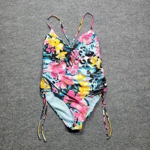 BCBG Paris One Piece Swimsuit Women L Floral Ruched Crisscross Back‎ Swimwear